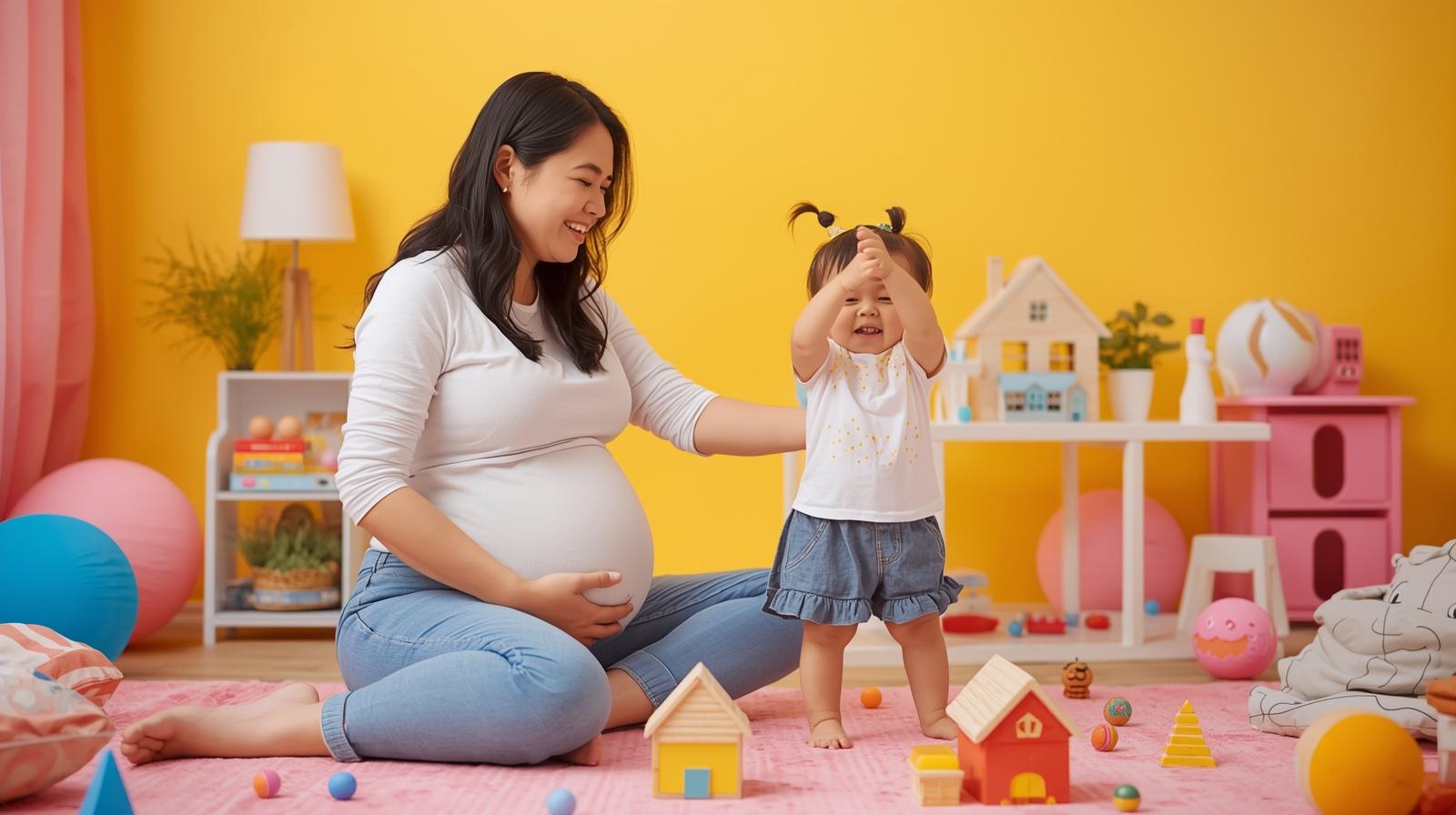 1歳児と妊娠中のママがおままごとで遊んでいるポップな画像